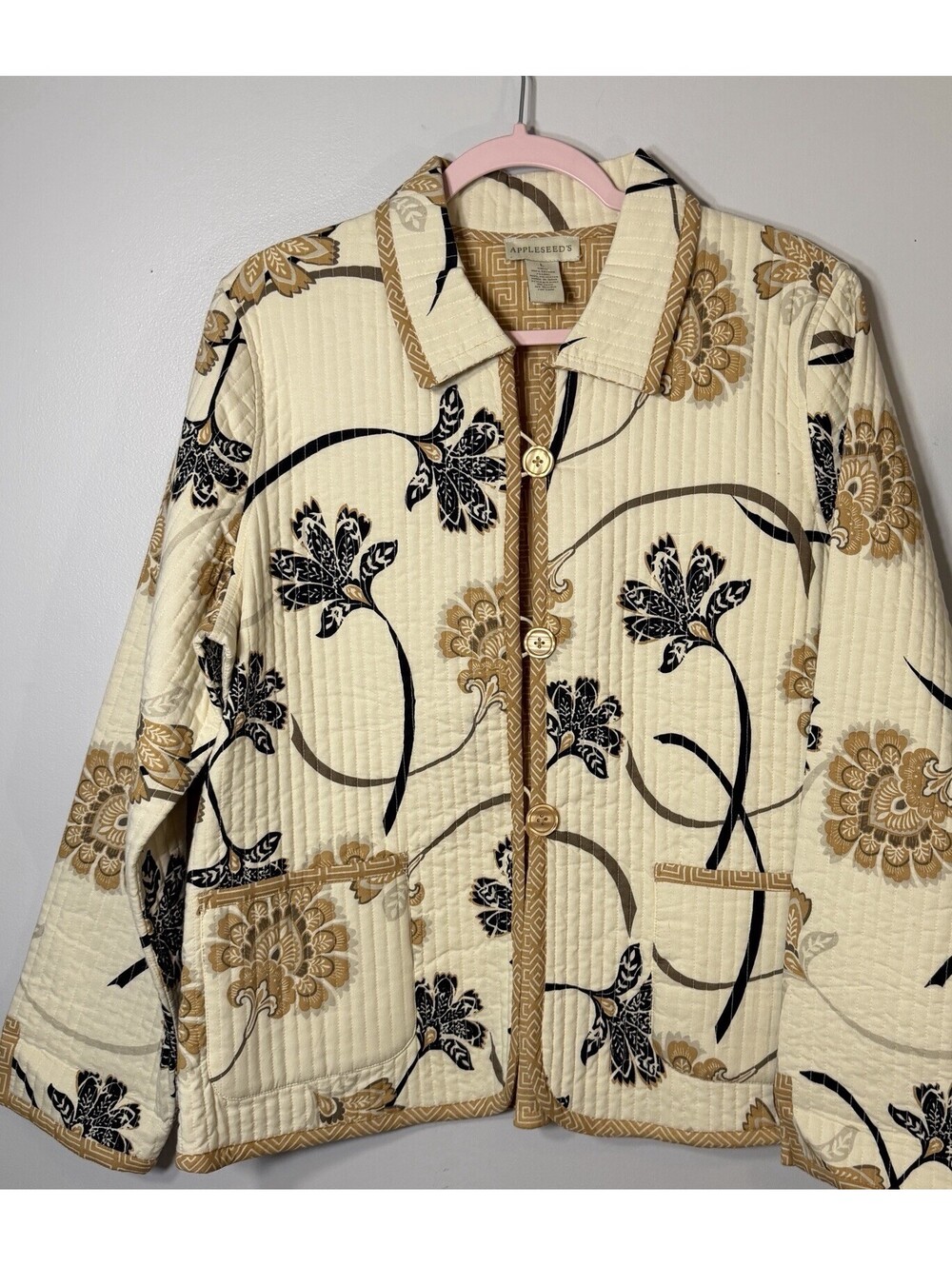 Appleseeds Quilted Floral Jacket Cream Gold 100% Cotton Reversible Cardigan L